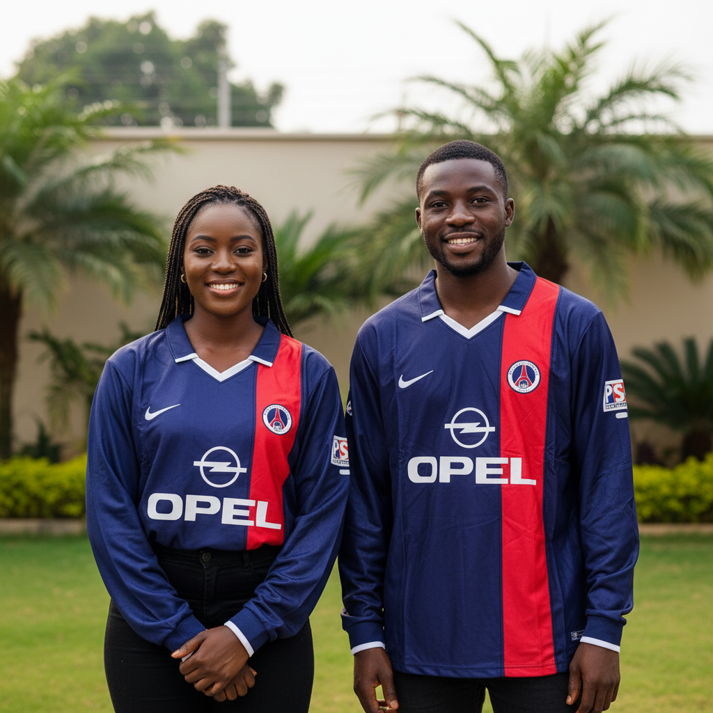 Nigerian female and male models wearing the navy blue long-sleeve retro football jersey with red centre stripe