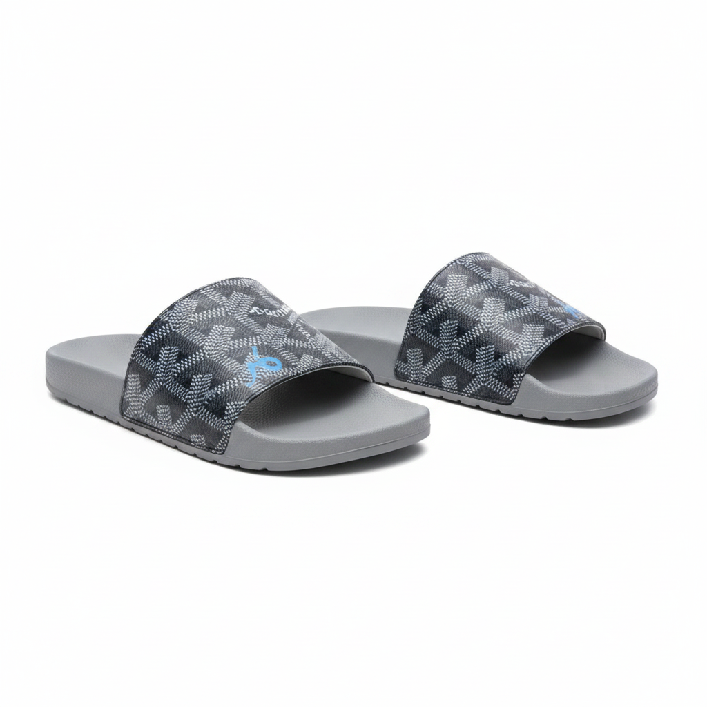 Men's Grey Monogram-Print Slide Sandal – Ghost Mannequin Pair Front and Side View