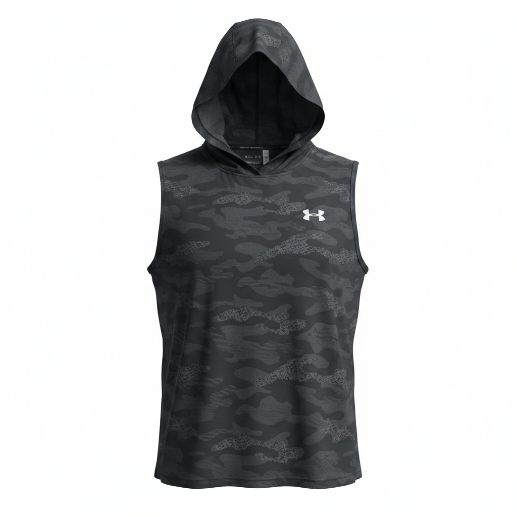 Under Armour camo sleeveless sport hoodie ghost mannequin view