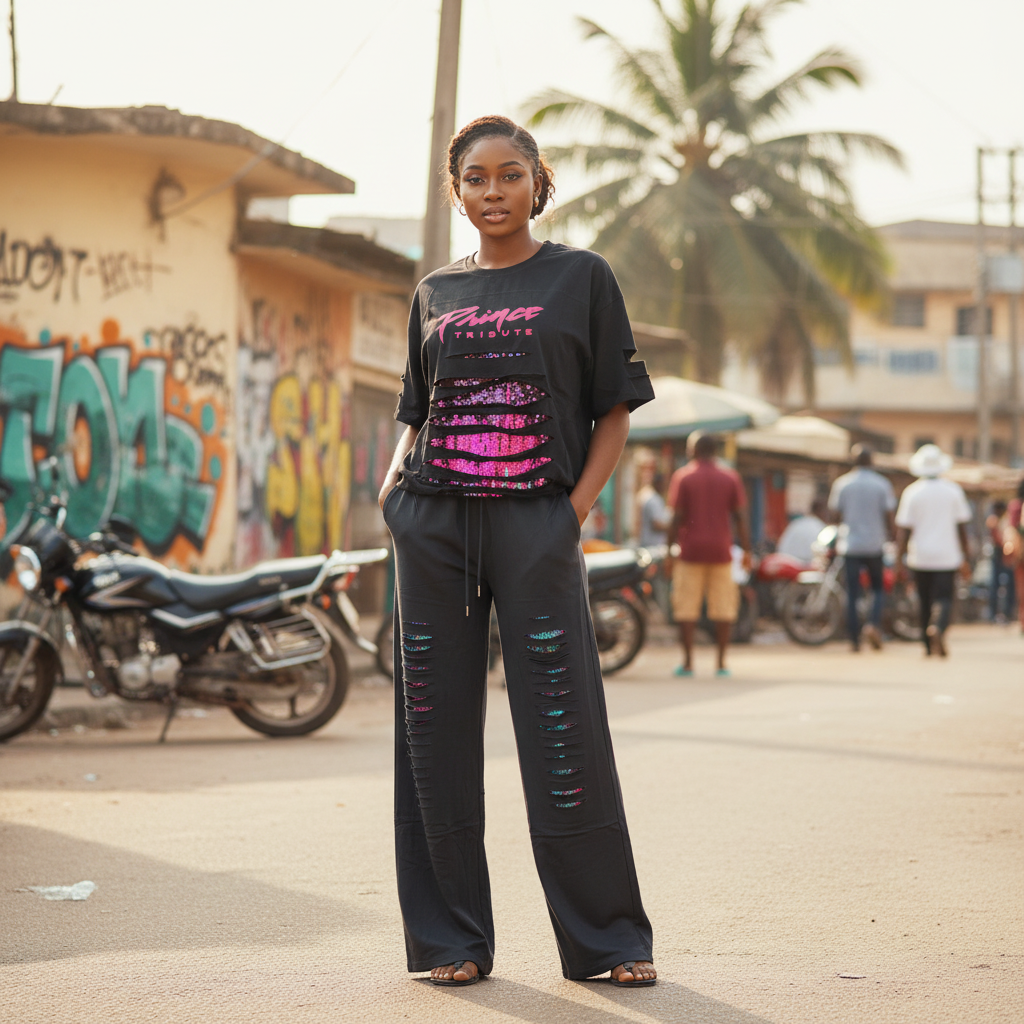 Young Nigerian female model wearing black pink sequin slash graphic set