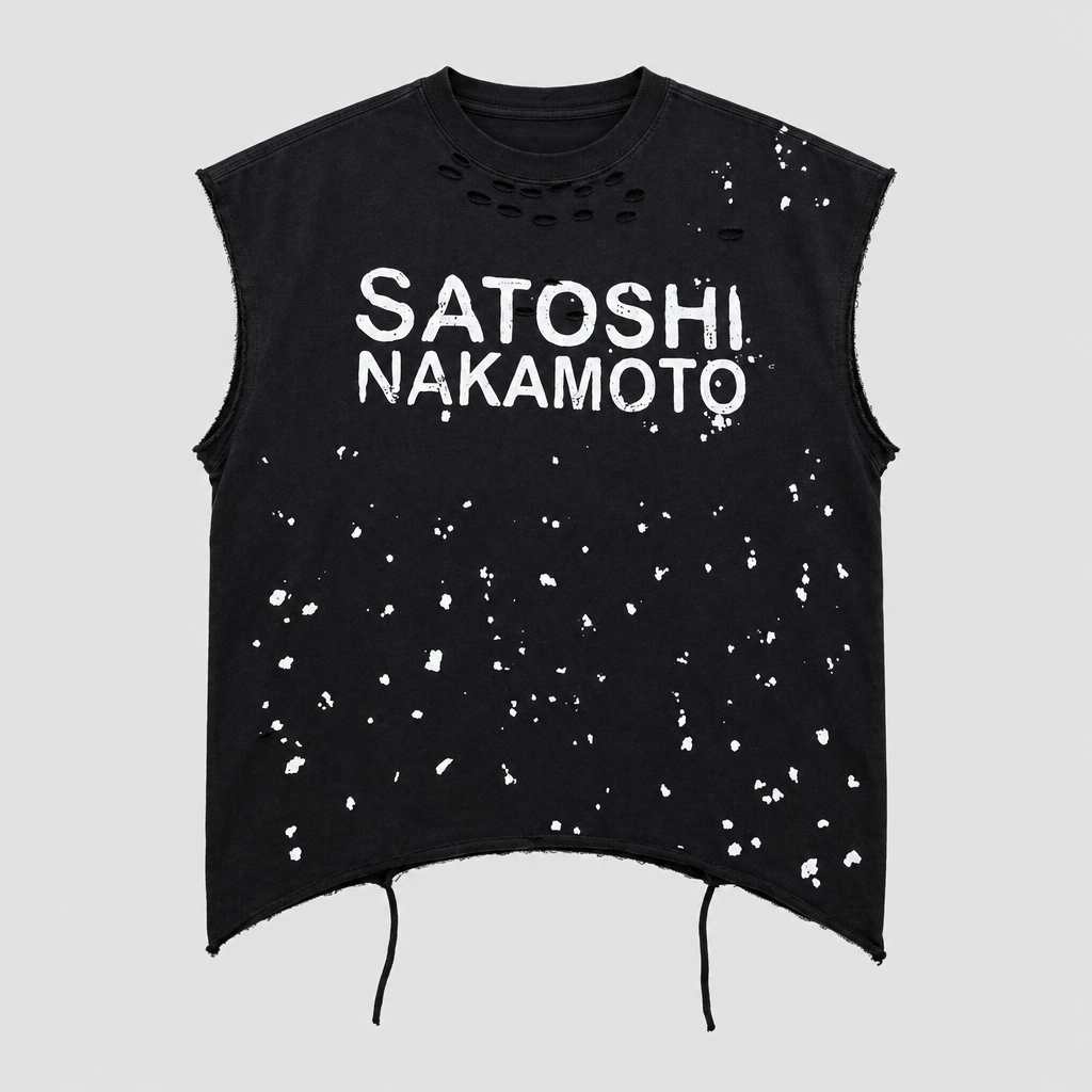 Ghost mannequin view of a black distressed sleeveless graphic shirt