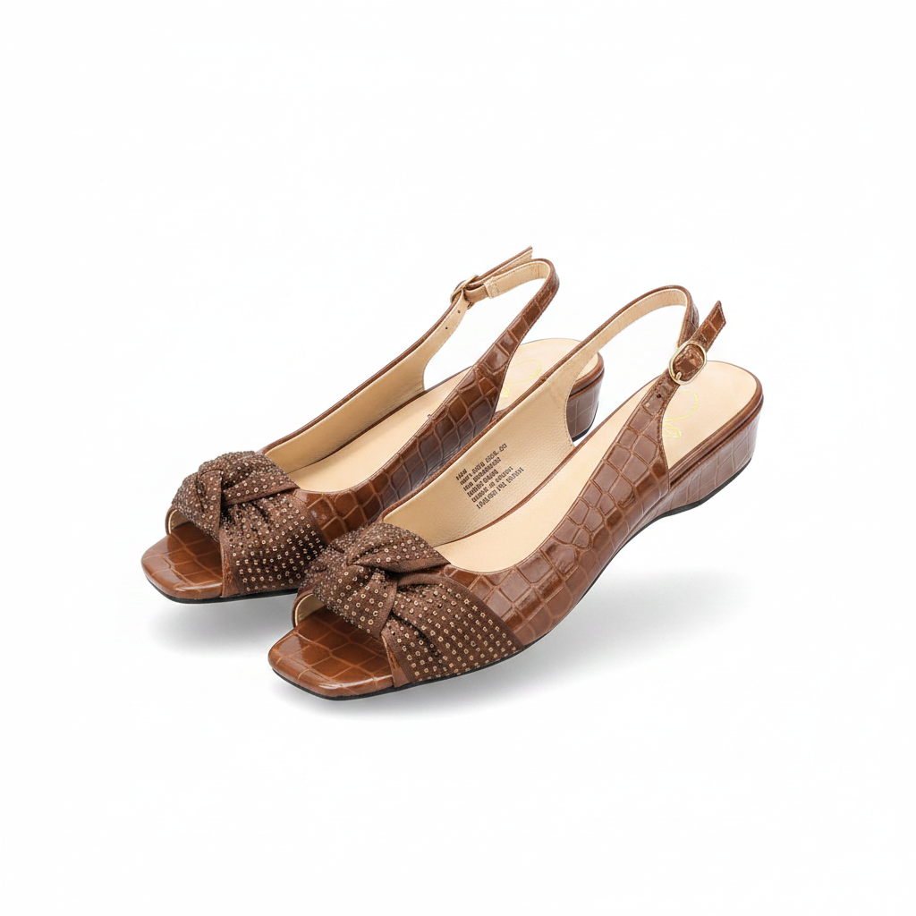 Women's Croc-Embossed Bow Slingback Low Wedge Sandal - Brown Ghost Mannequin