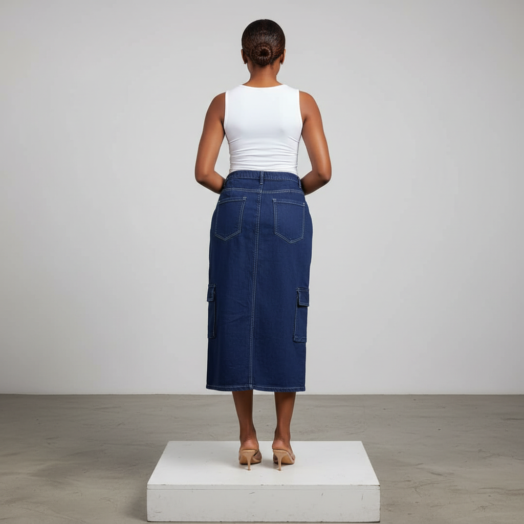 Dark Navy Multi-Pocket Heavy Cargo Denim Skirt - Model Back