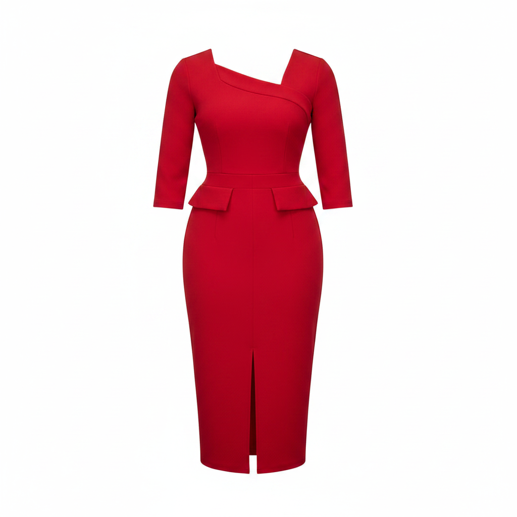 Ghost mannequin view of Women's Red 3/4 Sleeve Peplum Bodycon Midi Dress