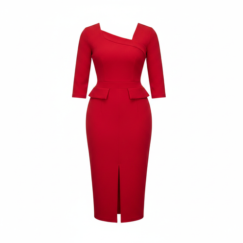 Ghost mannequin view of Women's Red 3/4 Sleeve Peplum Bodycon Midi Dress