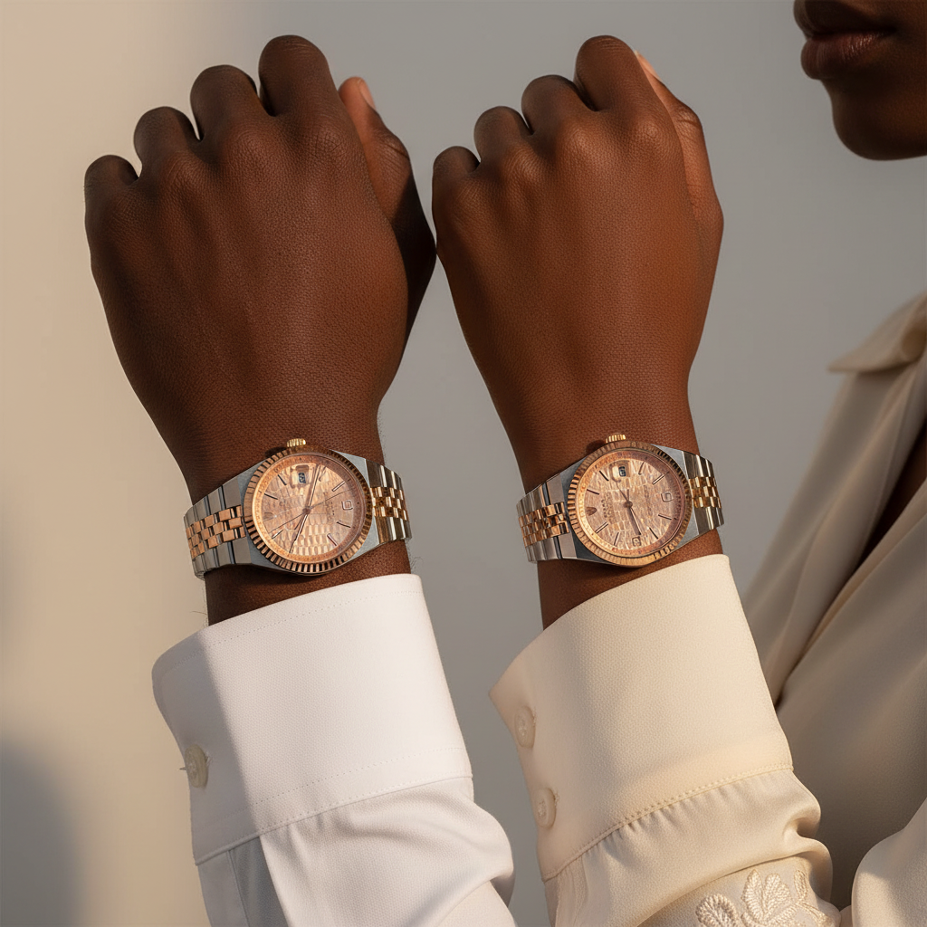 Nigerian male and female model wrist shot — salmon pink two-tone couple watch