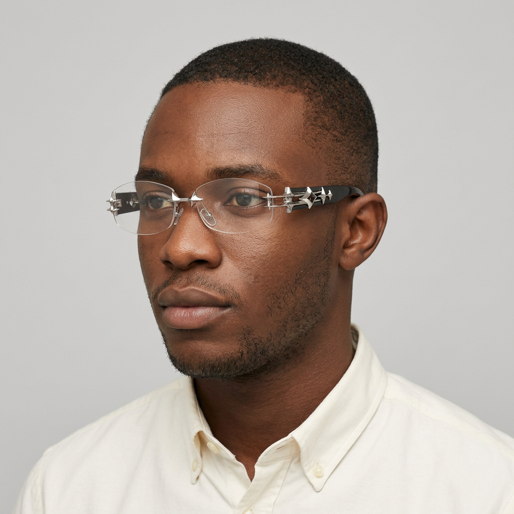 Nigerian Black male model wearing rimless silver-star clear-lens eyeglasses