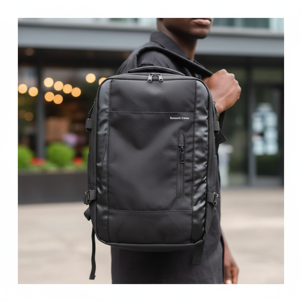 Model wearing leather backpack