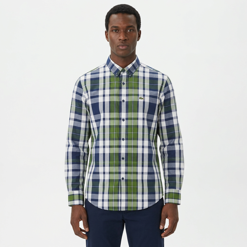 Adult Black model wearing a navy green and white plaid long-sleeve shirt
