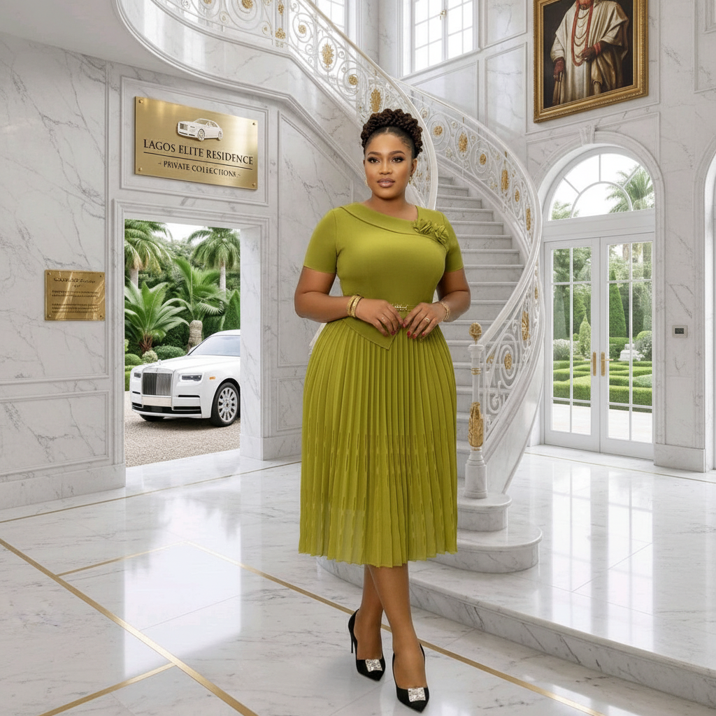 Olive Green Floral Brooch Pleated Skirt Set – Model Shot