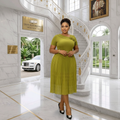 Olive Green Floral Brooch Pleated Skirt Set – Model Shot
