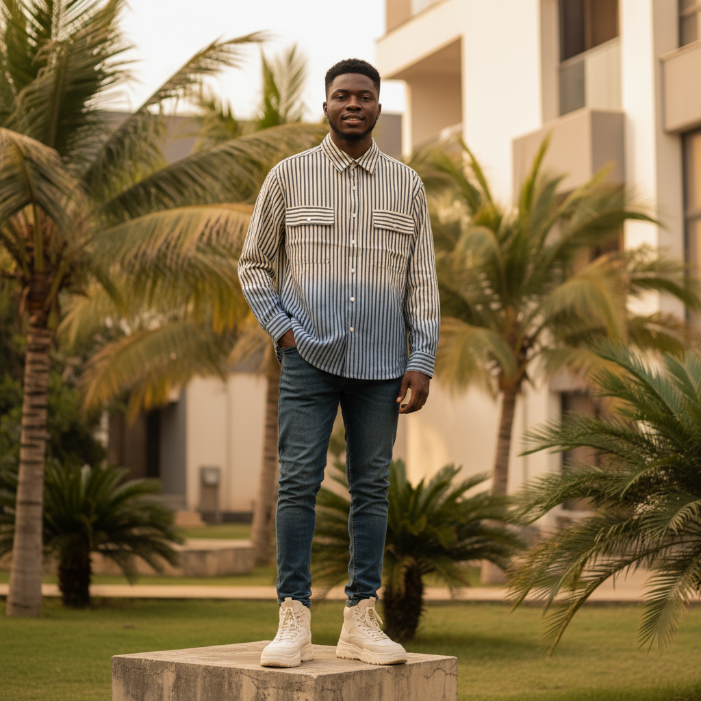 Nigerian male model wearing tan striped dip-dye workwear shirt — full body street style