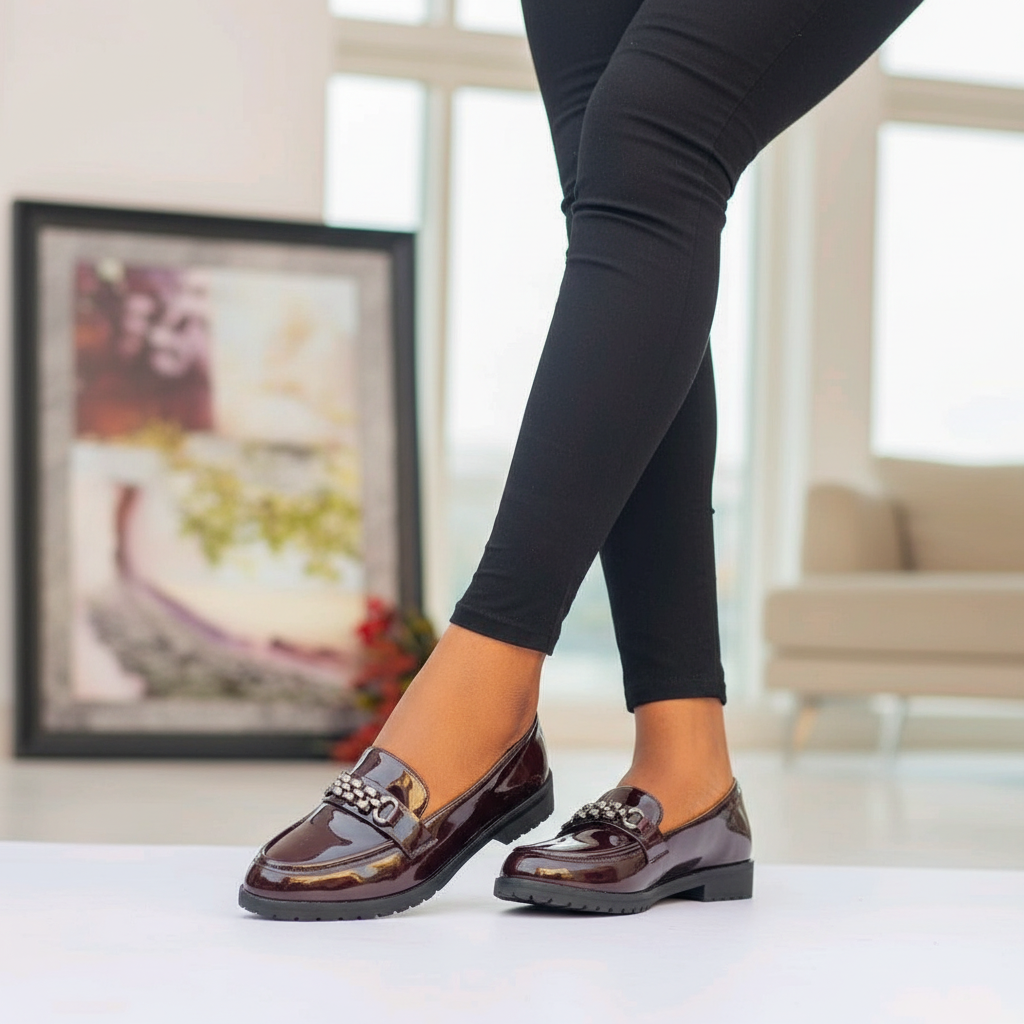 Layinka Store Burgundy Patent Rhinestone Loafers – Model Shot