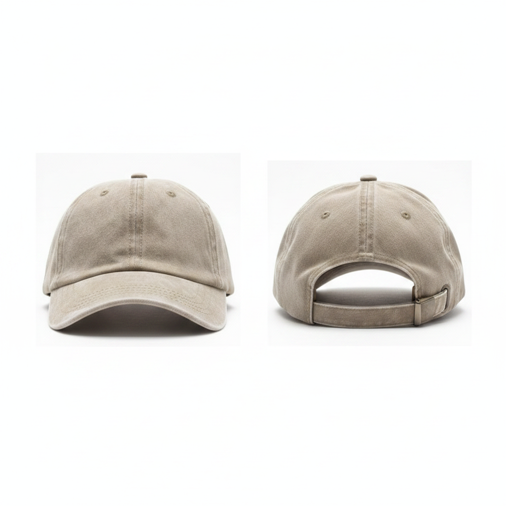 Plain acid-washed beige light tan dad cap ghost mannequin front and side view