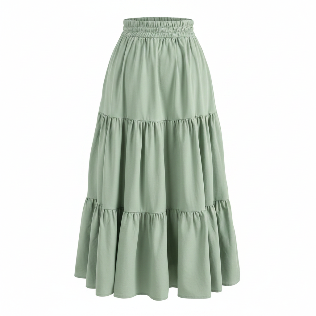 Ghost mannequin view of sage tiered A-line maxi skirt