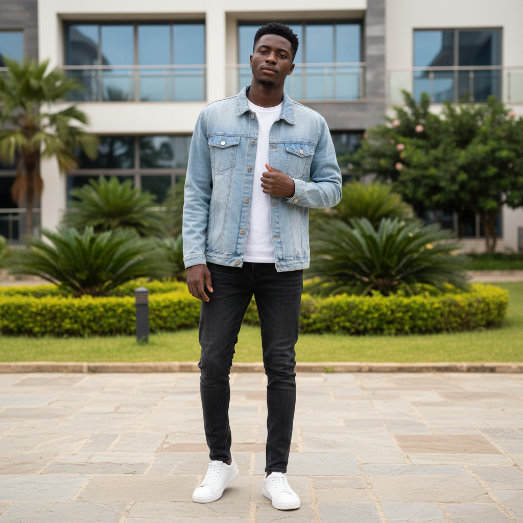 Men's Sky Blue Light Wash Denim Trucker Jacket – Nigerian Male Model