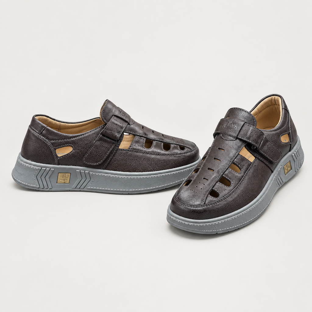 Dark brown cutout strap shoes, pair views