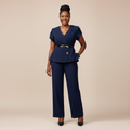 Navy Blue Belted Peplum Trouser Set - Front Model