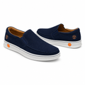 Navy slip-on sneakers pair with orange heel detail