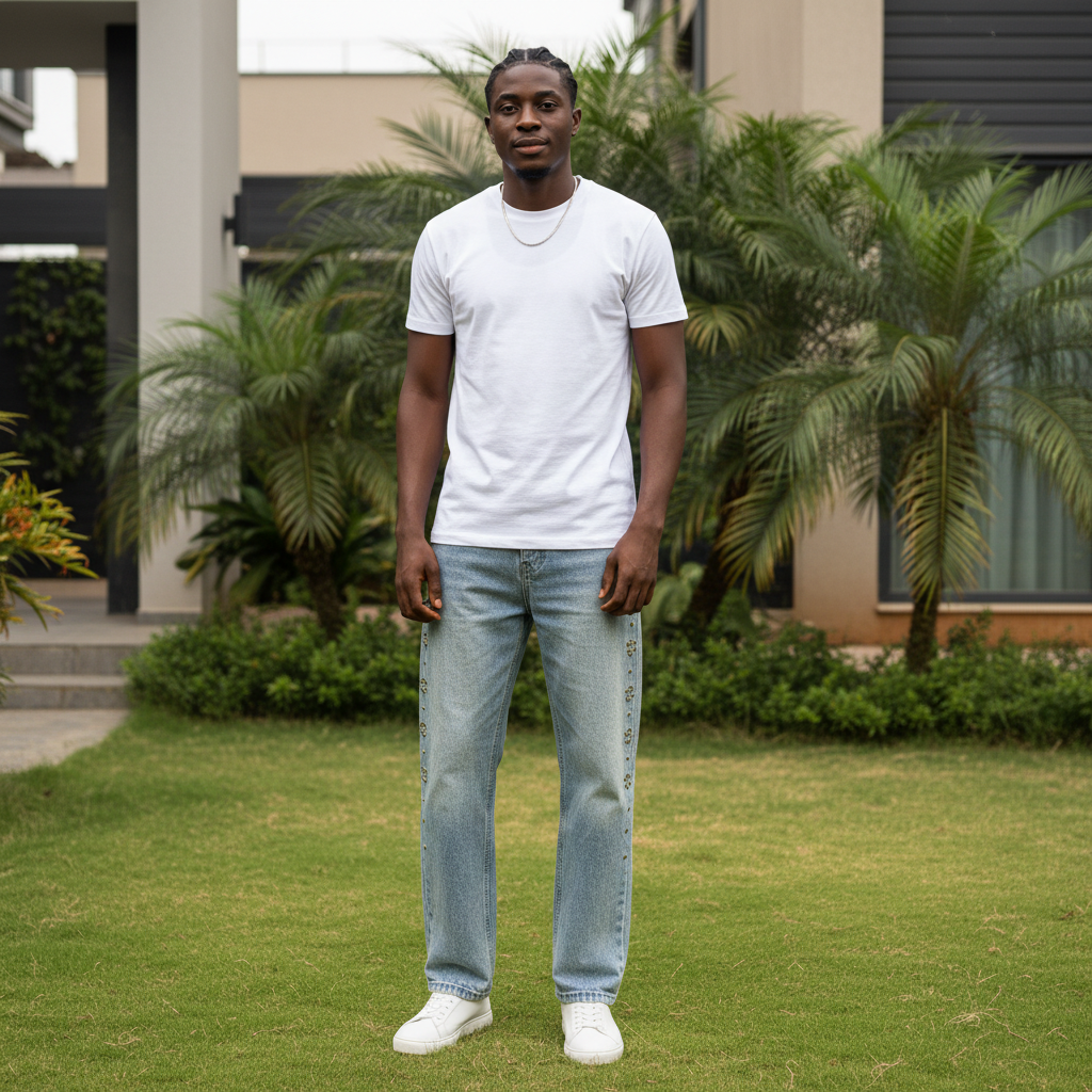 Nigerian male model wearing light blue floral stud side seam embellished denim jeans