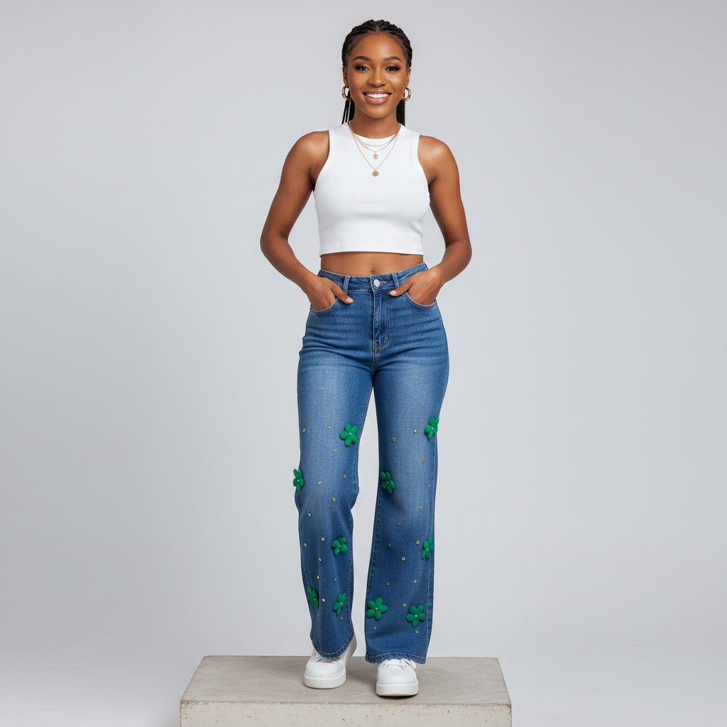 Blue Floral Appliqué Wide-Leg Jeans - Model Front View