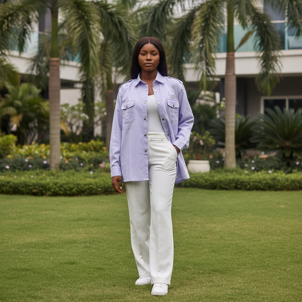 Women's lavender oversized long-sleeve double pocket silver button shirt jacket - model shot
