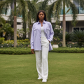 Women's lavender oversized long-sleeve double pocket silver button shirt jacket - model shot