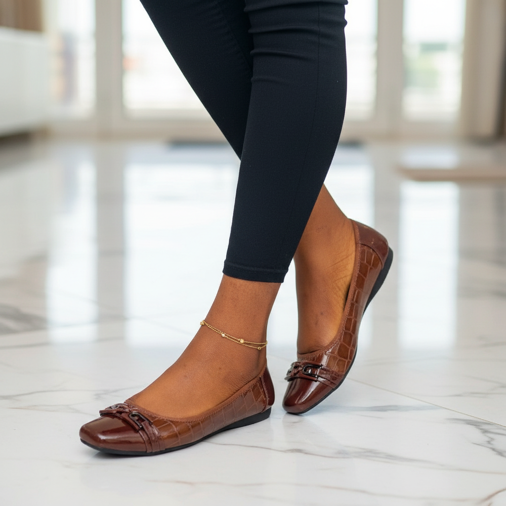 Layinka Store Tan Croc Patent Square-Buckle Ballet Flats – Model Shot