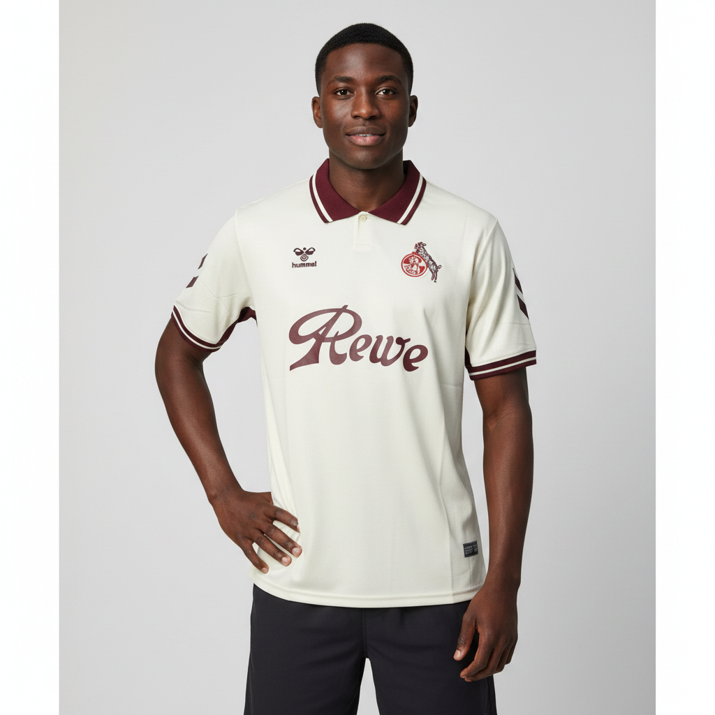 Nigerian male model wearing FC Köln cream jersey