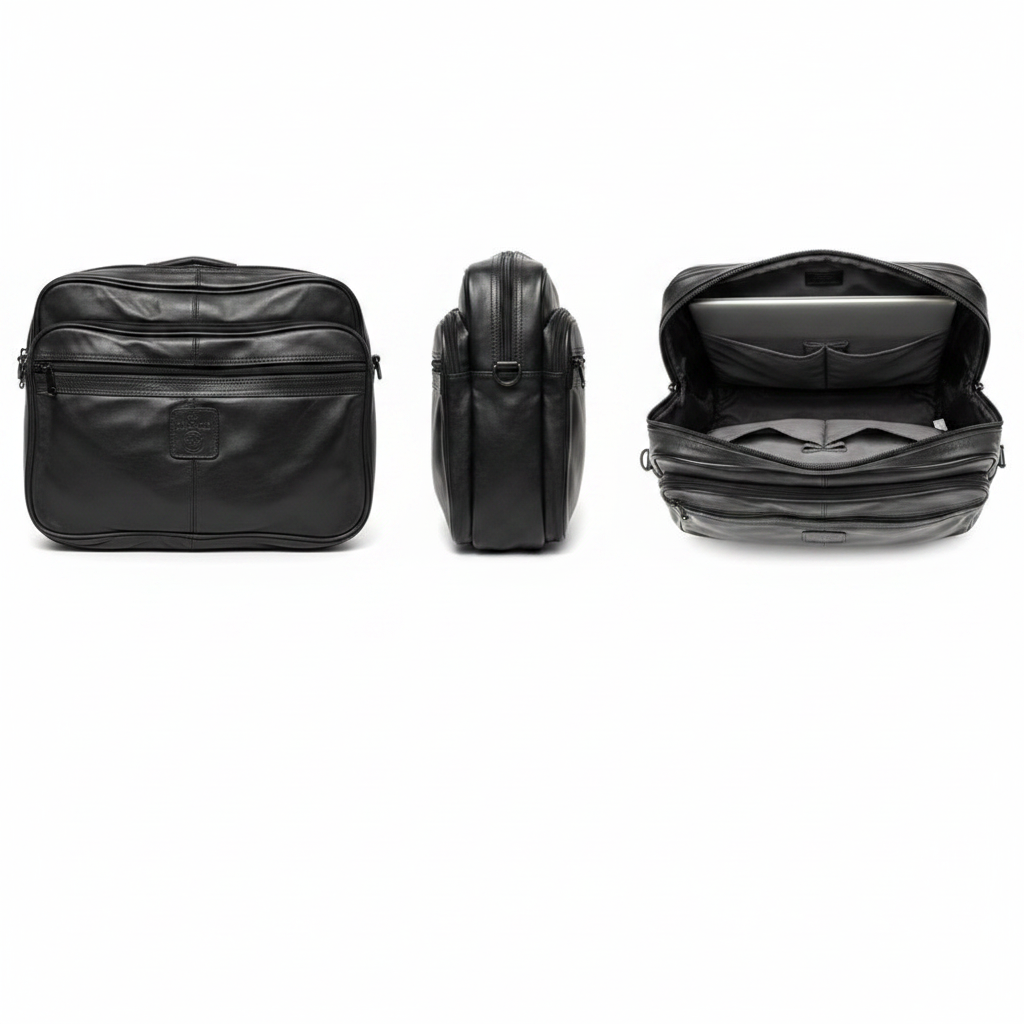 Gia Marco black leather multi-zip laptop bag ghost mannequin front side and interior view