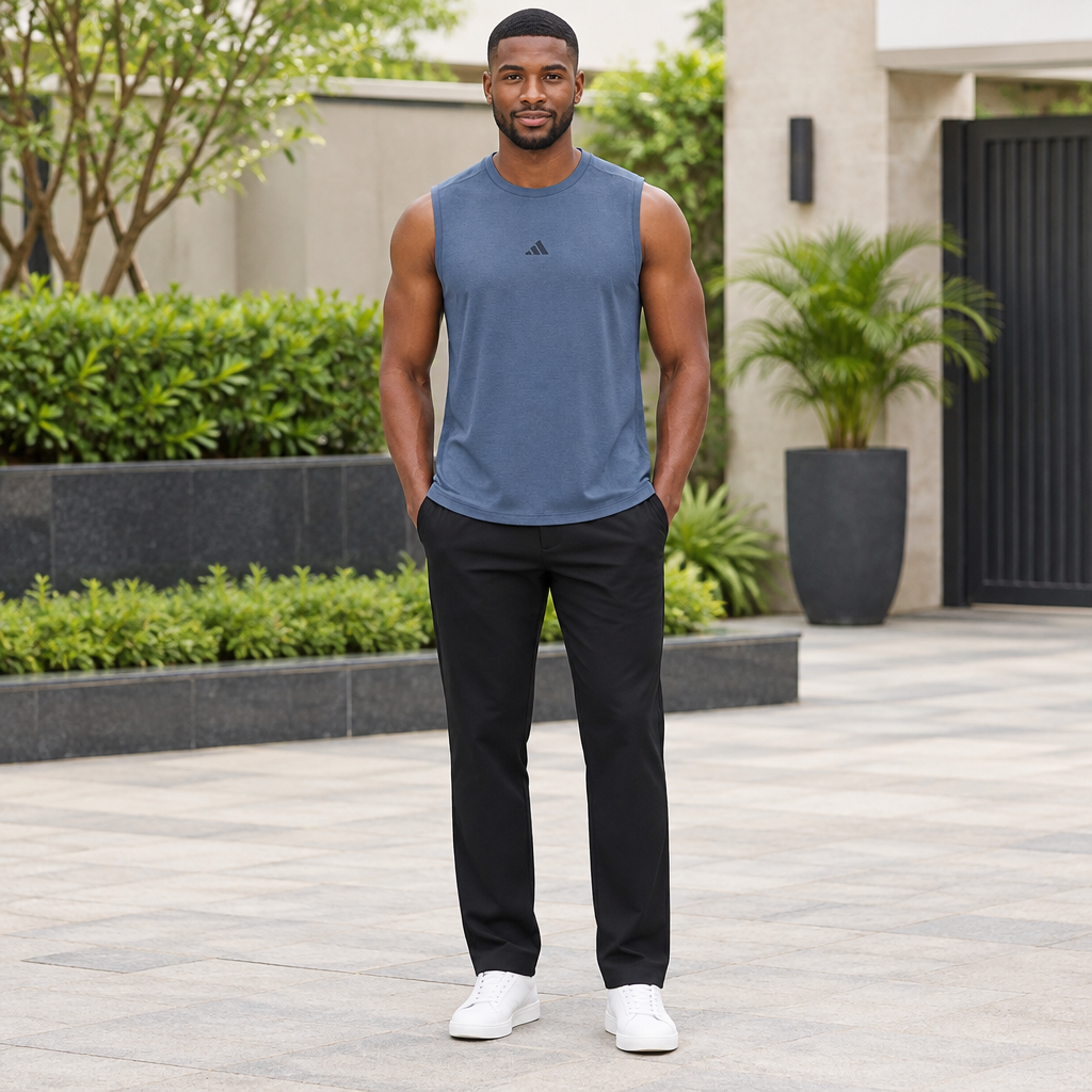 Adult male model wearing reconstructed blue-grey sleeveless top