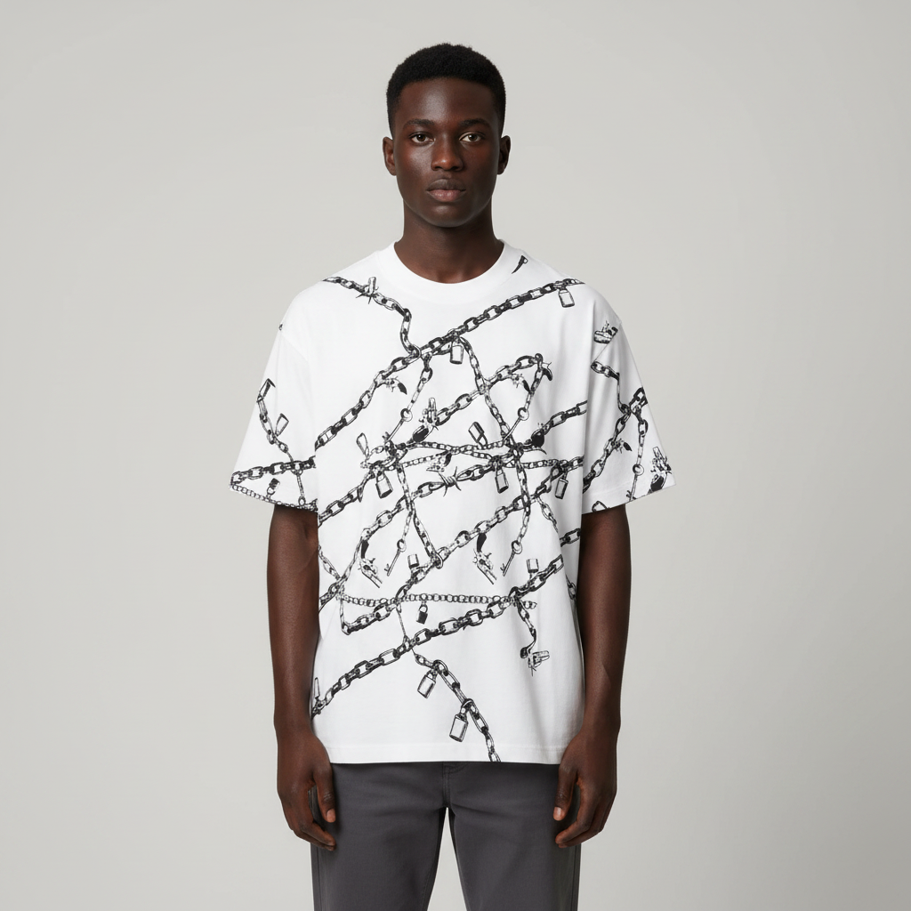 Black Nigerian model wearing the white chain-print polo shirt