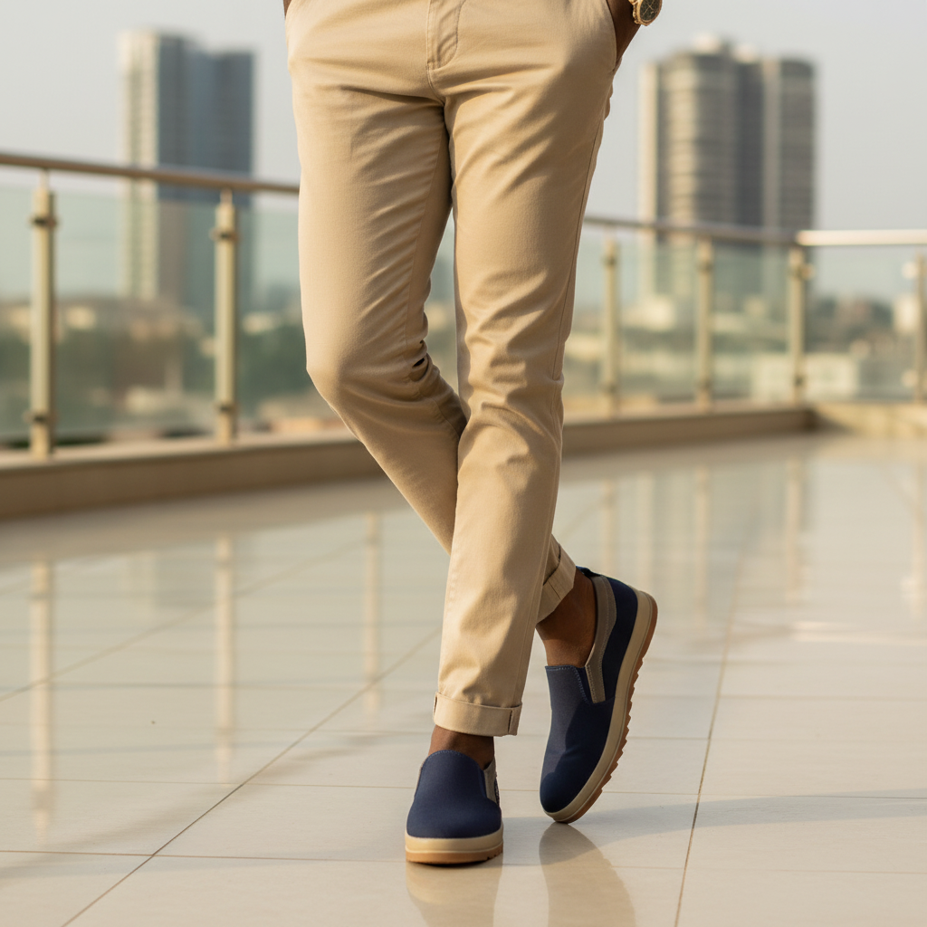 Nigerian male model wearing Segvor navy blue canvas slip-on loafers with grey leather trim, smart-casual leg focus lifestyle shot