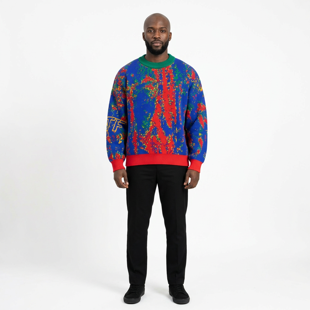 Full-body adult Black man wearing a blue multicolour abstract-pattern knit sweater