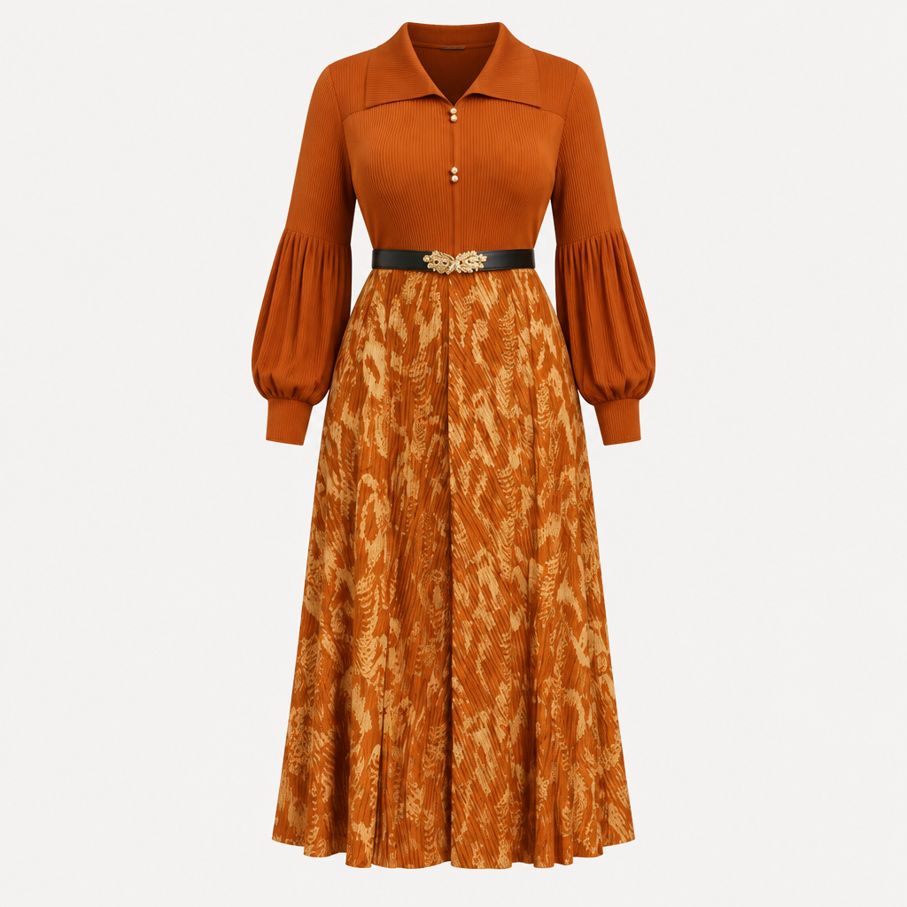 Ghost mannequin view of a burnt-orange midi gown with a gold-toned patterned skirt and puff sleeves