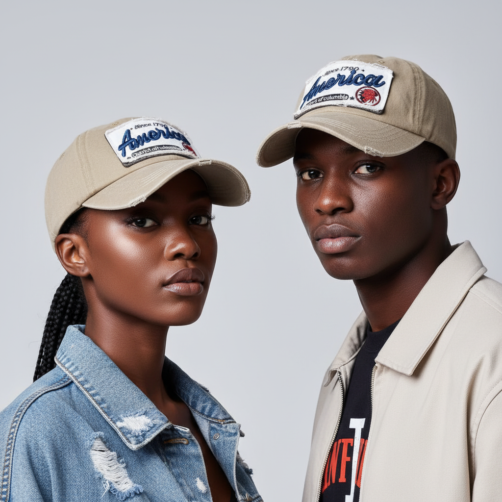Nigerian Gen Z male and female models wearing khaki washed vintage patch dad cap