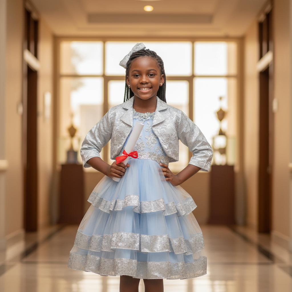 Children's Graduation Gown Silver and Light Blue – Model Shot