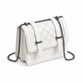 White check-pattern shoulder bag with twin strap details and dark chain