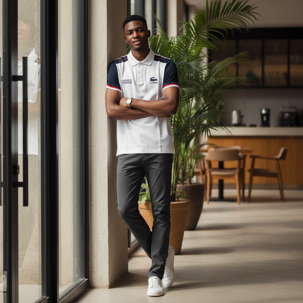 Nigerian male model wearing white and navy colour-block polo shirt