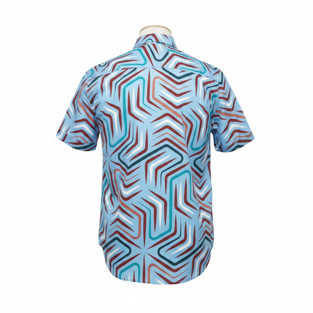 Ghost mannequin back view of sky blue geometric print short-sleeved shirt