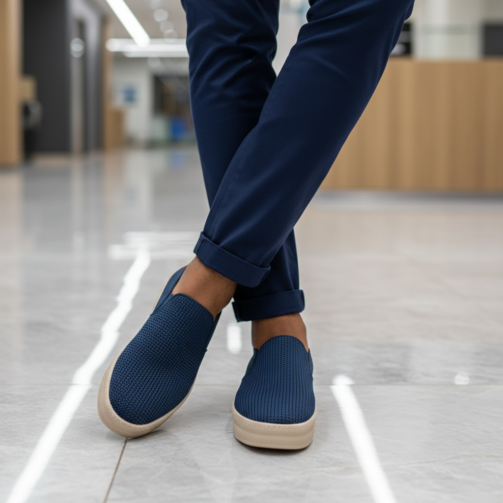 Navy Knit Woven Slip-On Platform Sneaker - Model Shot