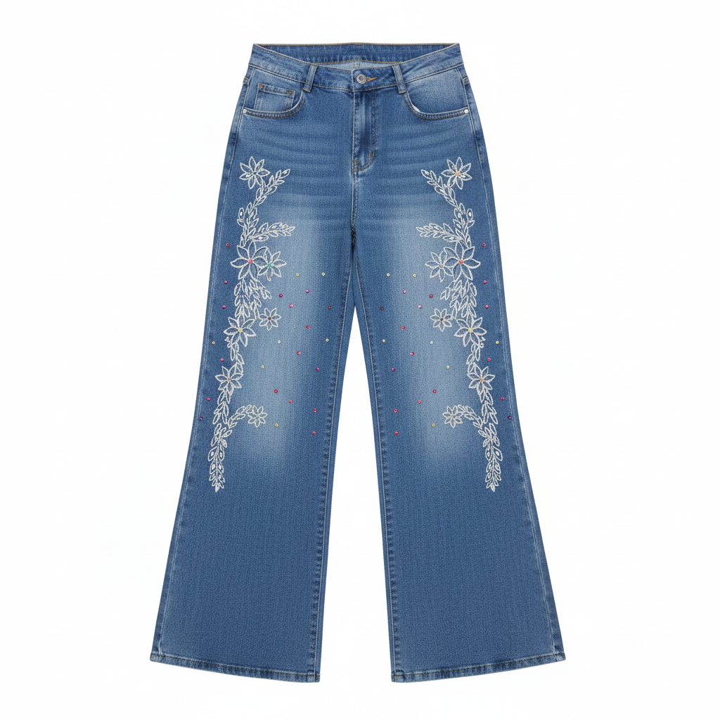 Women's Blue Floral Vine Embroidered Rhinestone Wide-Leg Denim Jeans – Ghost Mannequin