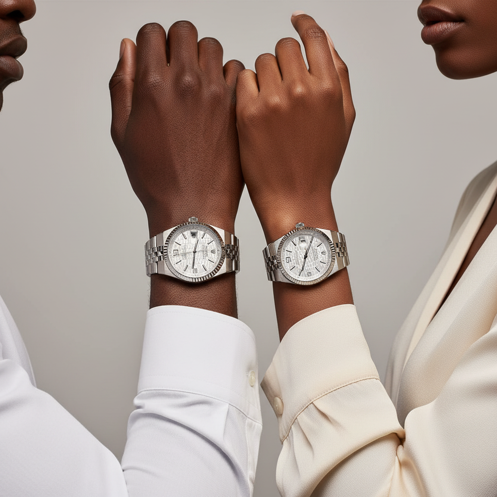 Nigerian male and female model wrist shot — silver couple watch