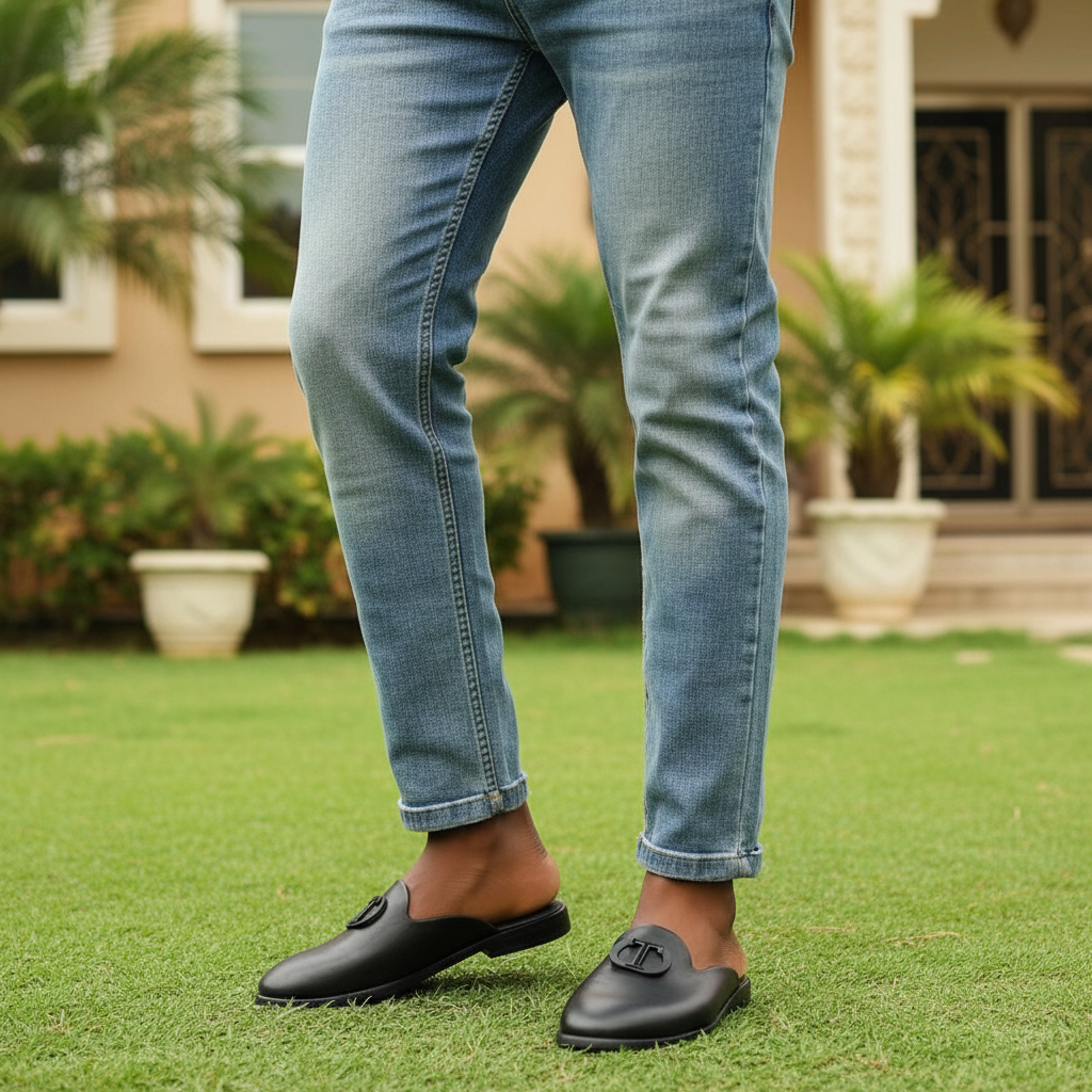 Nigerian male model wearing black leather D-buckle mule shoes leg focus shot