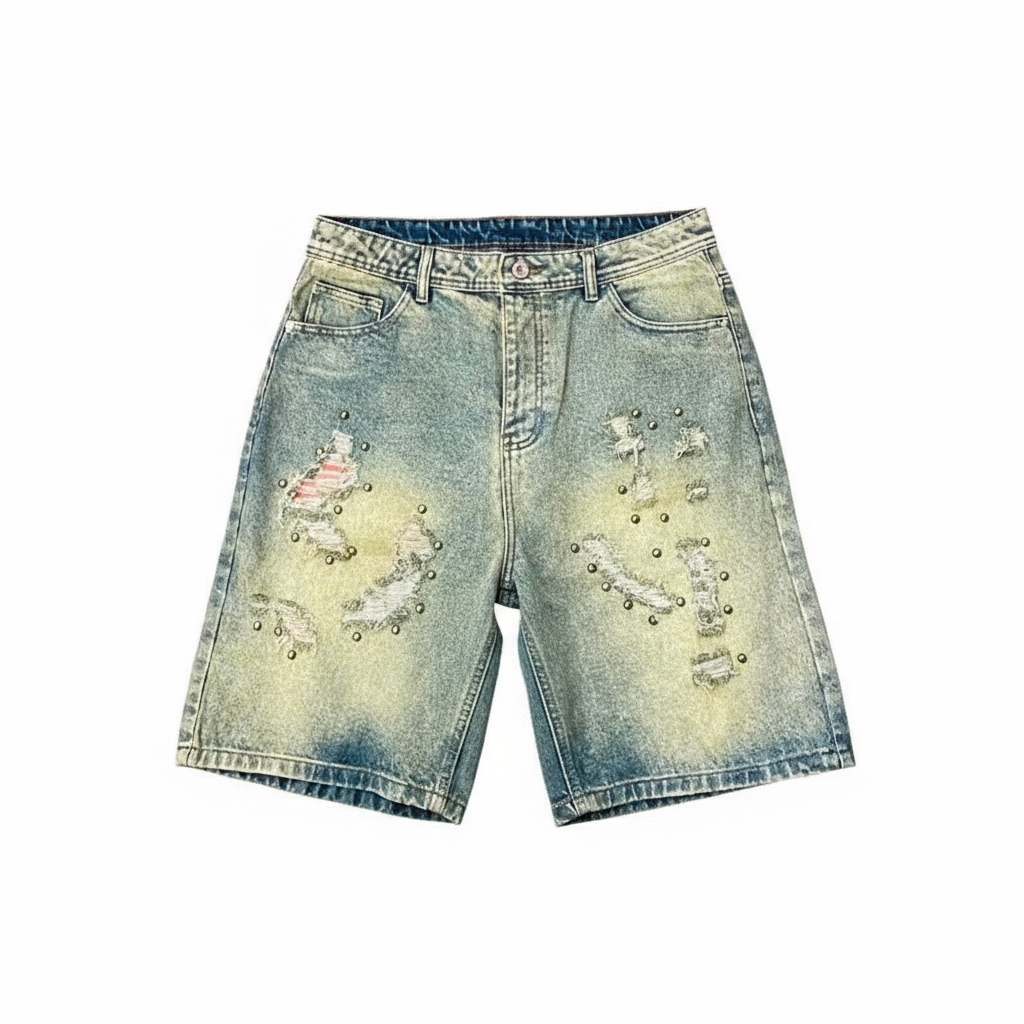 Ghost mannequin front view of acid wash distressed denim shorts with gold stud embellishment