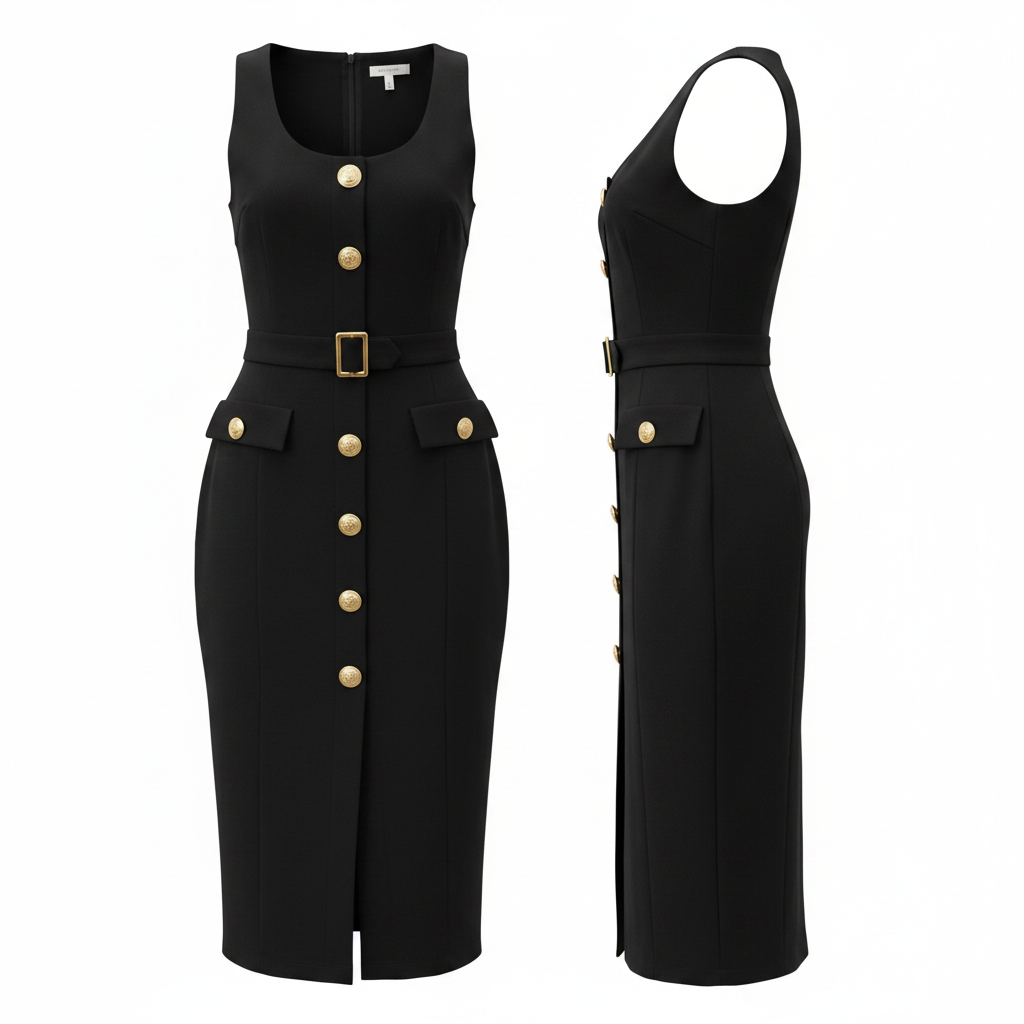 Women's Black Gold Button Pinafore Midi Dress – Ghost Mannequin Front and Side View