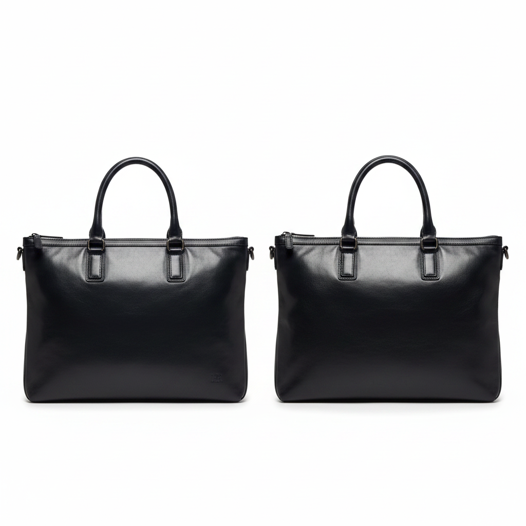 HR black smooth leather laptop tote ghost mannequin front and back view