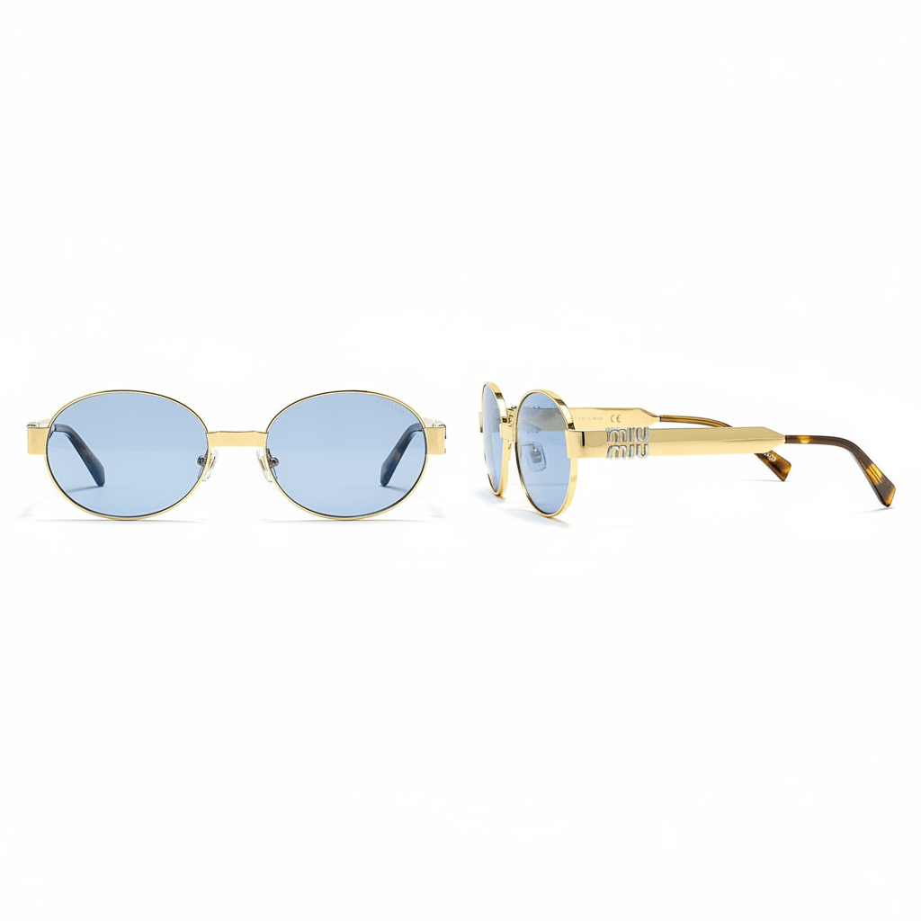 Women's oval round sunglasses with gold frame and light blue periwinkle lenses – front and side ghost mannequin view on white background