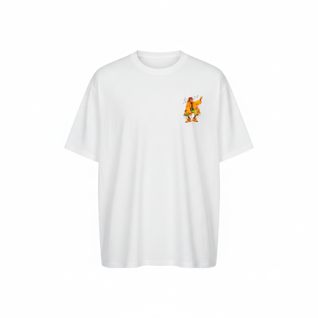 Unisex white pop-art streetwear character graphic tee – ghost mannequin front view
