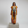 Yellow Adire Pineapple Print Long Bubu Gown – Model Front View